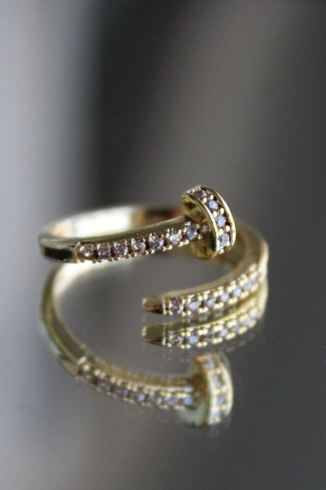 Yeni Sezon Zirkon Taşlı Çivi Model Ayarlanabilir Kadın Yüzük Gold