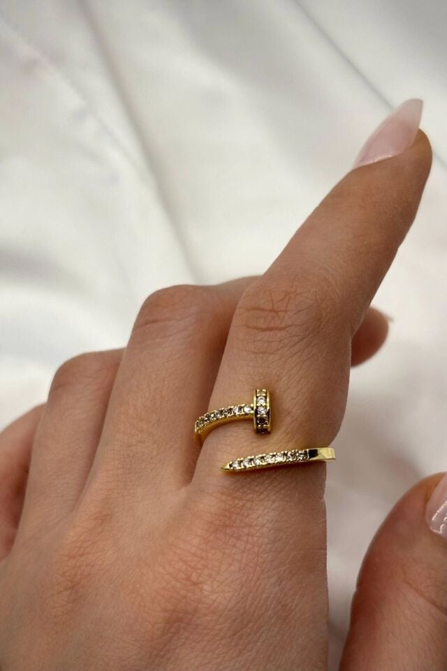 Yeni Sezon Zirkon Taşlı Çivi Model Ayarlanabilir Kadın Yüzük Gold