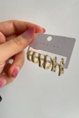 6'lı Yıldız&Kalp&Oval Halka Tasarım Gold Kadın Çelik Küpe