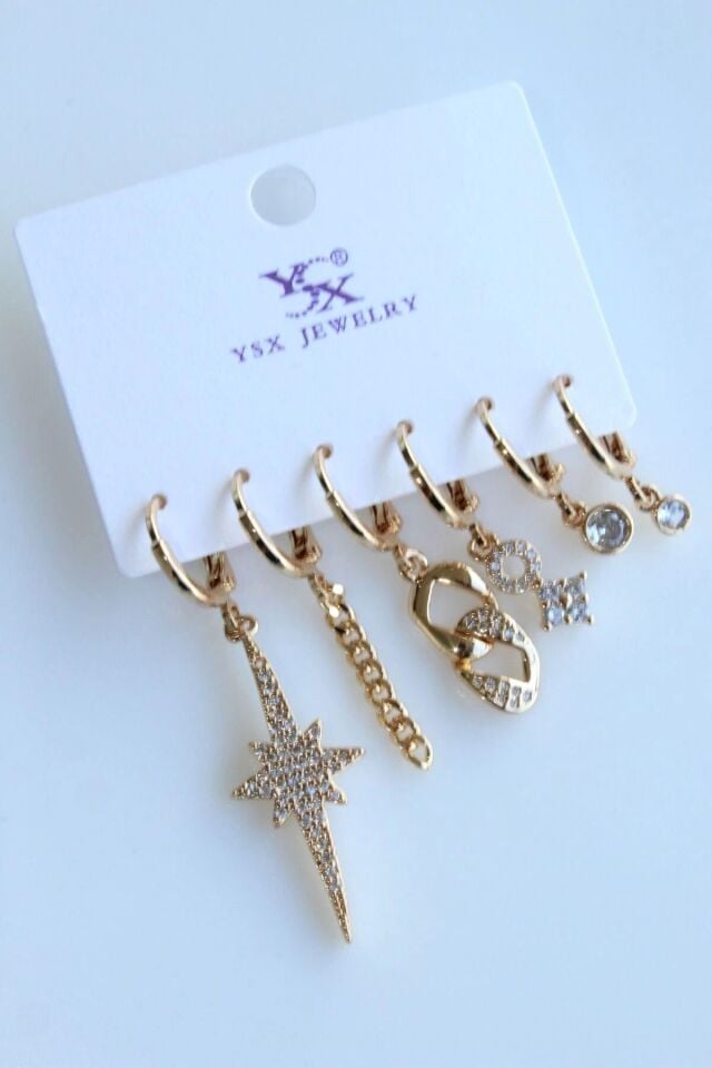 6 Lı Kuzey Yıldızı Gurmet Zincir Tasarım Kararmaz Renk Atmaz Çoklu Kadın Çelik Küpe Gold