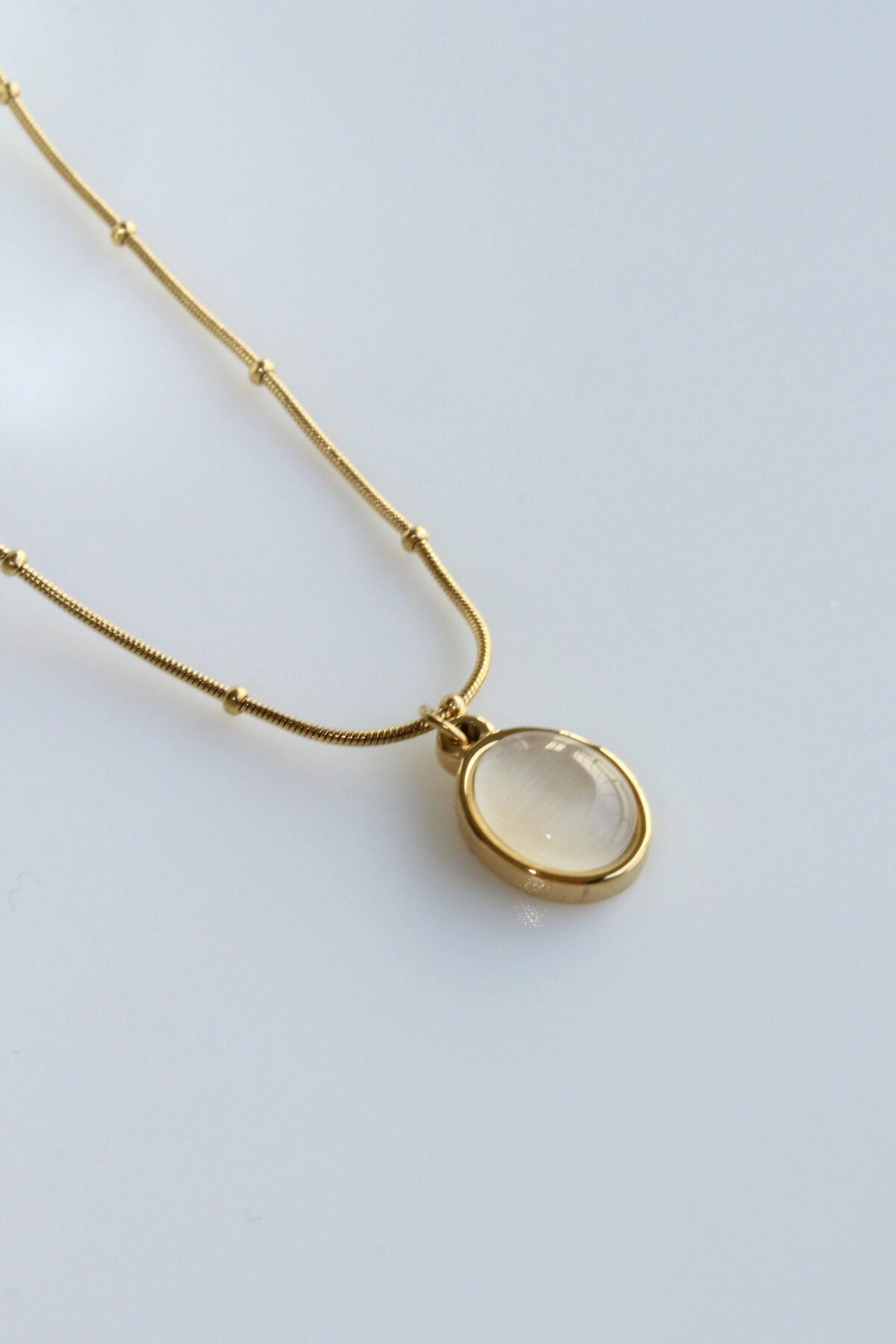 Exclusive Seri Oval Taşlı Bocuk Detay Zincirli Kadın Çelik Kolye 316 L Paslanmaz Kararmaz