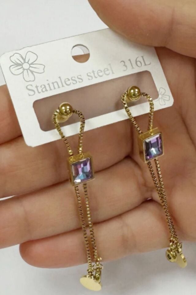 Premium Seri Opal Baget Taşlı Sallantılı Tasarım Kararmaz Renk Atmaz Kadın Çelik Küpe Gold