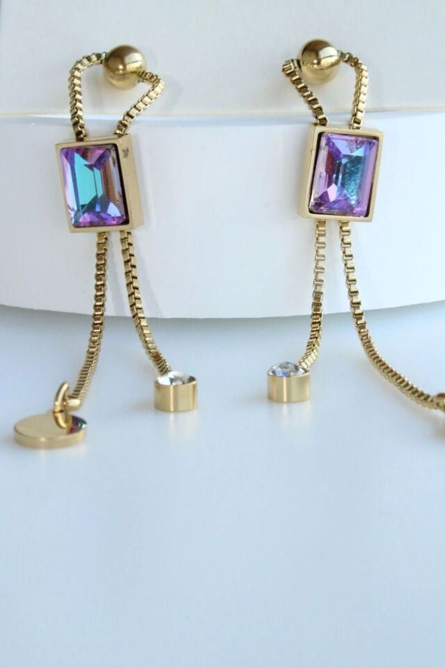 Premium Seri Opal Baget Taşlı Sallantılı Tasarım Kararmaz Renk Atmaz Kadın Çelik Küpe Gold