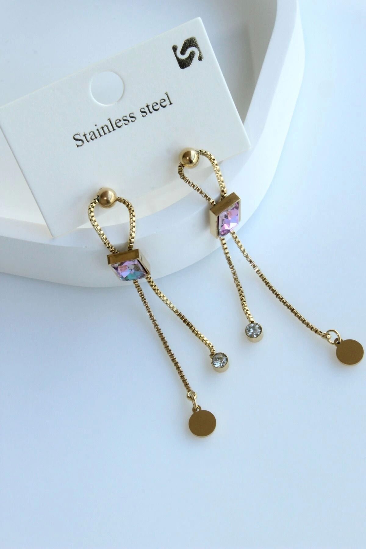 Premium Seri Opal Baget Taşlı Sallantılı Tasarım Kararmaz Renk Atmaz Kadın Çelik Küpe Gold