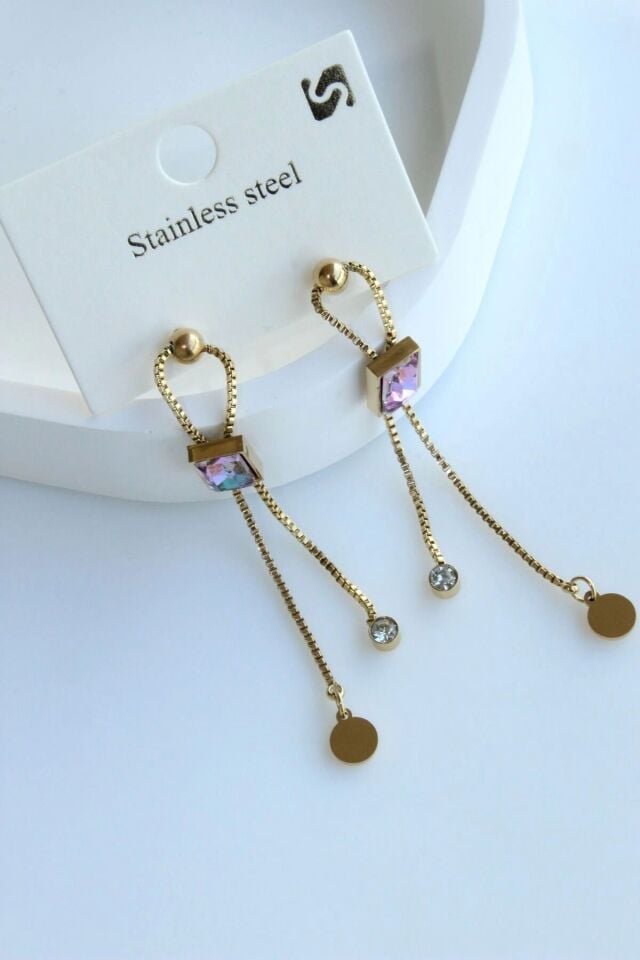 Premium Seri Opal Baget Taşlı Sallantılı Tasarım Kararmaz Renk Atmaz Kadın Çelik Küpe Gold