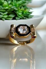 Premium Seri Sekizgen Zirkon Taşlı Pembe Zirkon Taş Detaylı Ayarlanabilir Kadın Çelik Yüzük