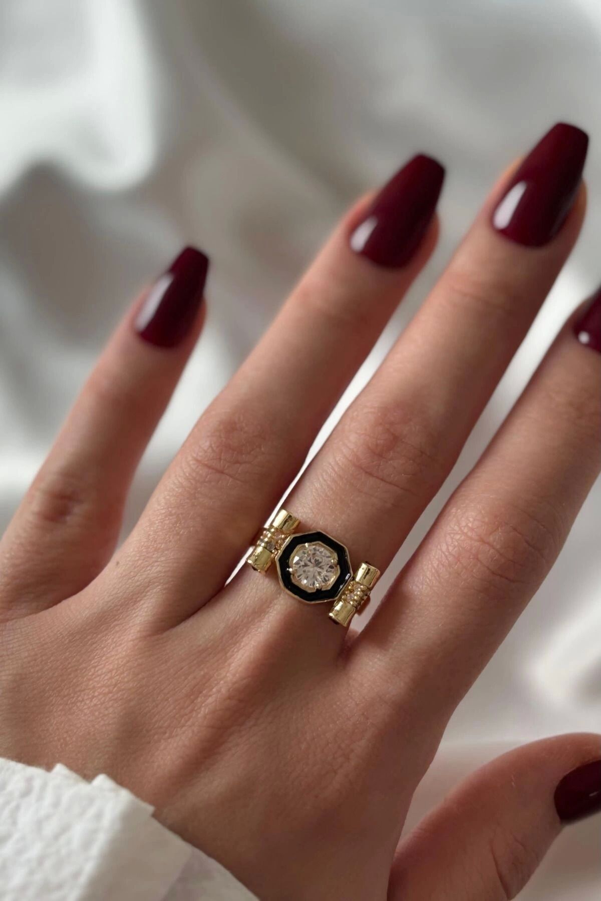 Premium Seri Sekizgen Zirkon Taşlı Pembe Zirkon Taş Detaylı Ayarlanabilir Kadın Çelik Yüzük