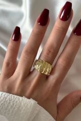 Yeni Seri Cilalı Kırışık Asimetrik Bombeli Tasarım Günlük Ayarlanabilir Kadın Çelik Yüzük