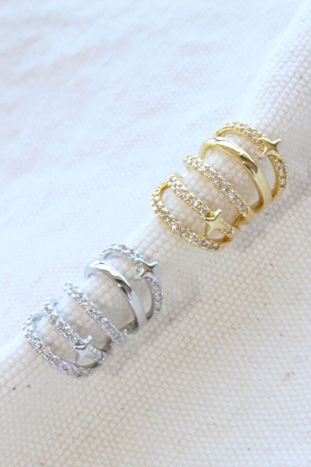 Çoklu Görünüm Zirkon Taşlı Minik Yıldızlı Model Earcuff Kıkırdak Küpe Gold