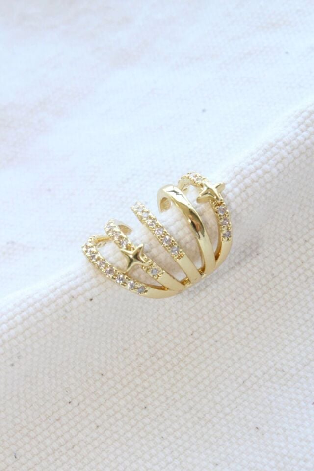 Çoklu Görünüm Zirkon Taşlı Minik Yıldızlı Model Earcuff Kıkırdak Küpe Gold