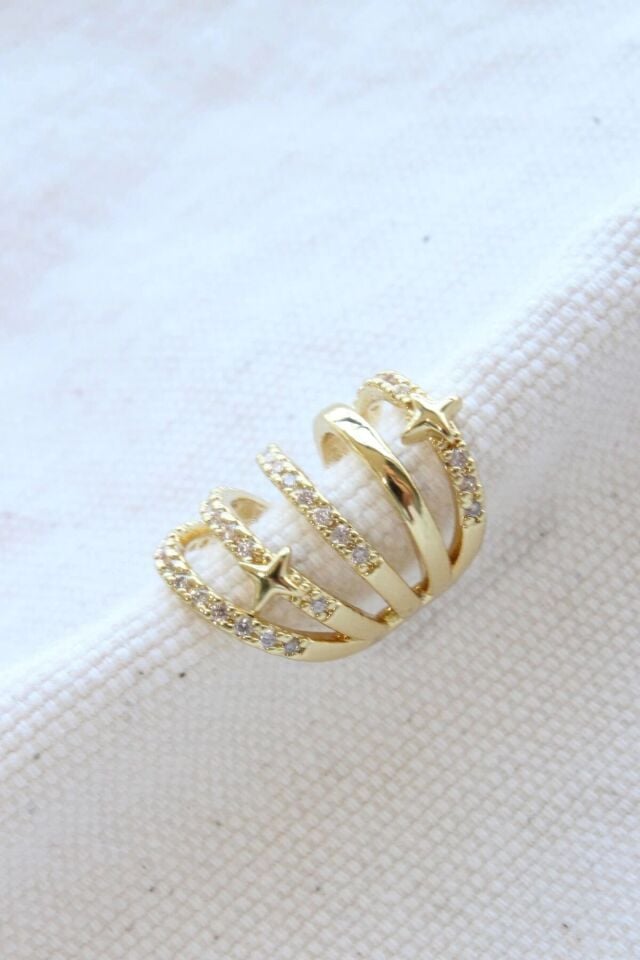 Çoklu Görünüm Zirkon Taşlı Minik Yıldızlı Model Earcuff Kıkırdak Küpe Gold