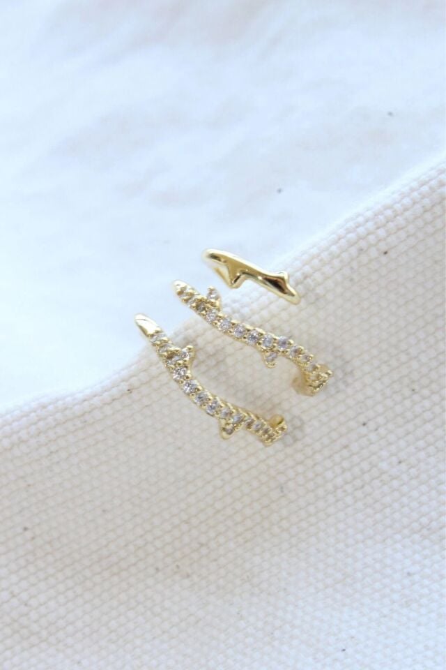Çoklu Görünüm Zirkon Taşlı Sarmaşık Model Earcuff Kıkırdak Küpe Gold