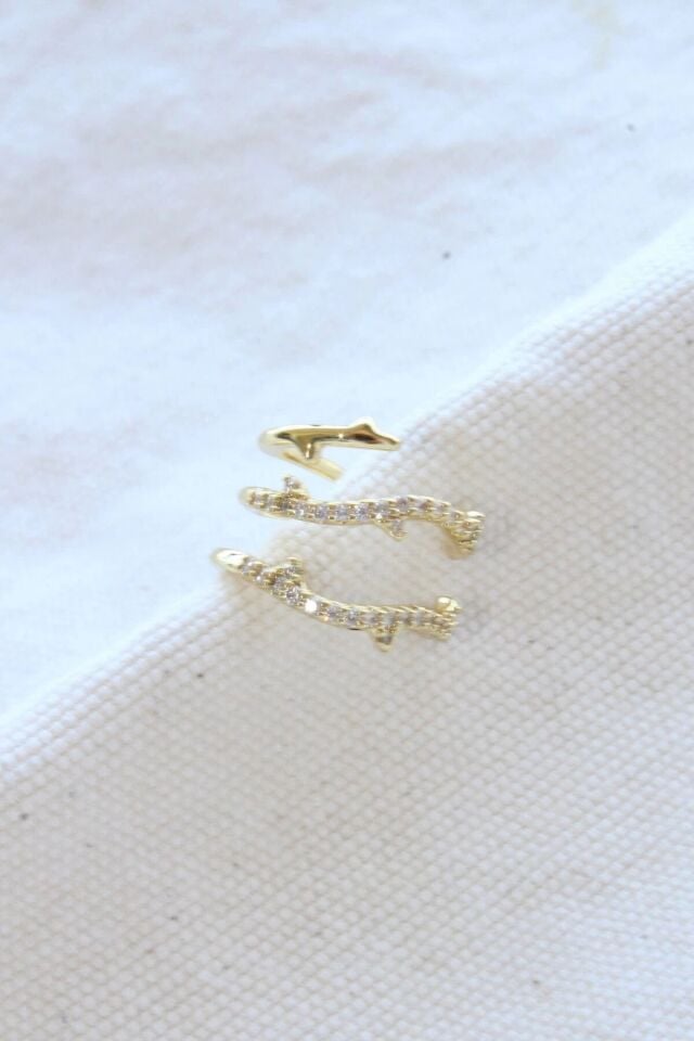Çoklu Görünüm Zirkon Taşlı Sarmaşık Model Earcuff Kıkırdak Küpe Gold
