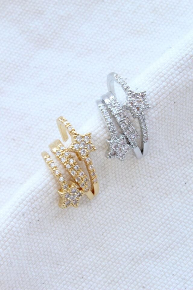 Çoklu Görünüm Zirkon Taşlı Yıldız Model Earcuff Kıkırdak Küpe Gümüş