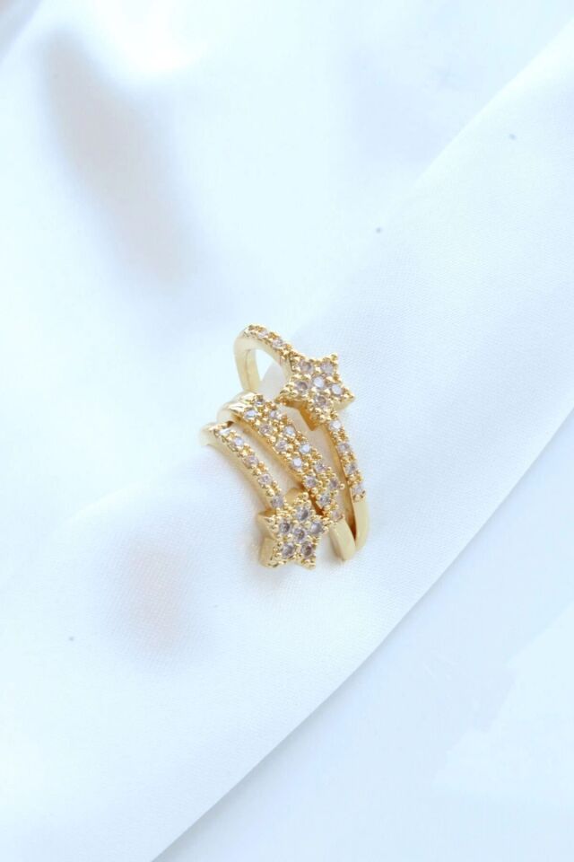 Çoklu Görünüm Zirkon Taşlı Yıldız Model Earcuff Kıkırdak Küpe Gold