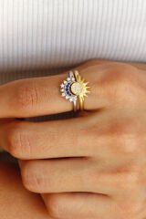 Yeni Sezon 2'li Kombinlenebilir Zirkon Taşlı Güneş Ay Ayarlanabilir Kadın Yüzük