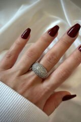 Özel Tasarım Minimalist Full Beyaz Taşlı Bombe Tasarım Ayarlanabilir Kadın Çelik Yüzük