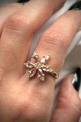 Premium İthal Seri Gold Kaplama Zirkon Taşlı Lotus Çiçeği Ayarlanabilir Tasarım Kadın Çelik Yüzük