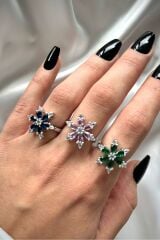 Premium İthal Seri Rodyum Kaplama Zirkon Taşlı Lotus Çiçeği Ayarlanabilir Tasarım Kadın Çelik Yüzük