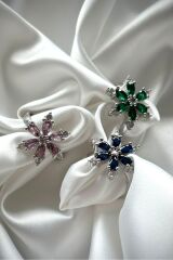 Premium İthal Seri Rodyum Kaplama Zirkon Taşlı Lotus Çiçeği Ayarlanabilir Tasarım Kadın Çelik Yüzük