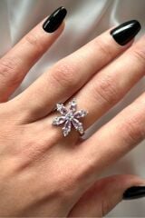 Premium İthal Seri Rodyum Kaplama Zirkon Taşlı Lotus Çiçeği Ayarlanabilir Tasarım Kadın Çelik Yüzük