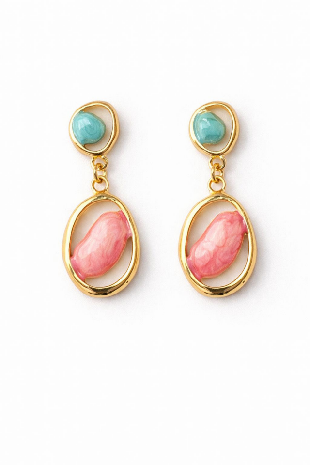 Coralia Earring Asimetrik Sallantılı Mineli Taşlı Tasarım Kararmaz Renk Atmaz Kadın Çelik Küpe