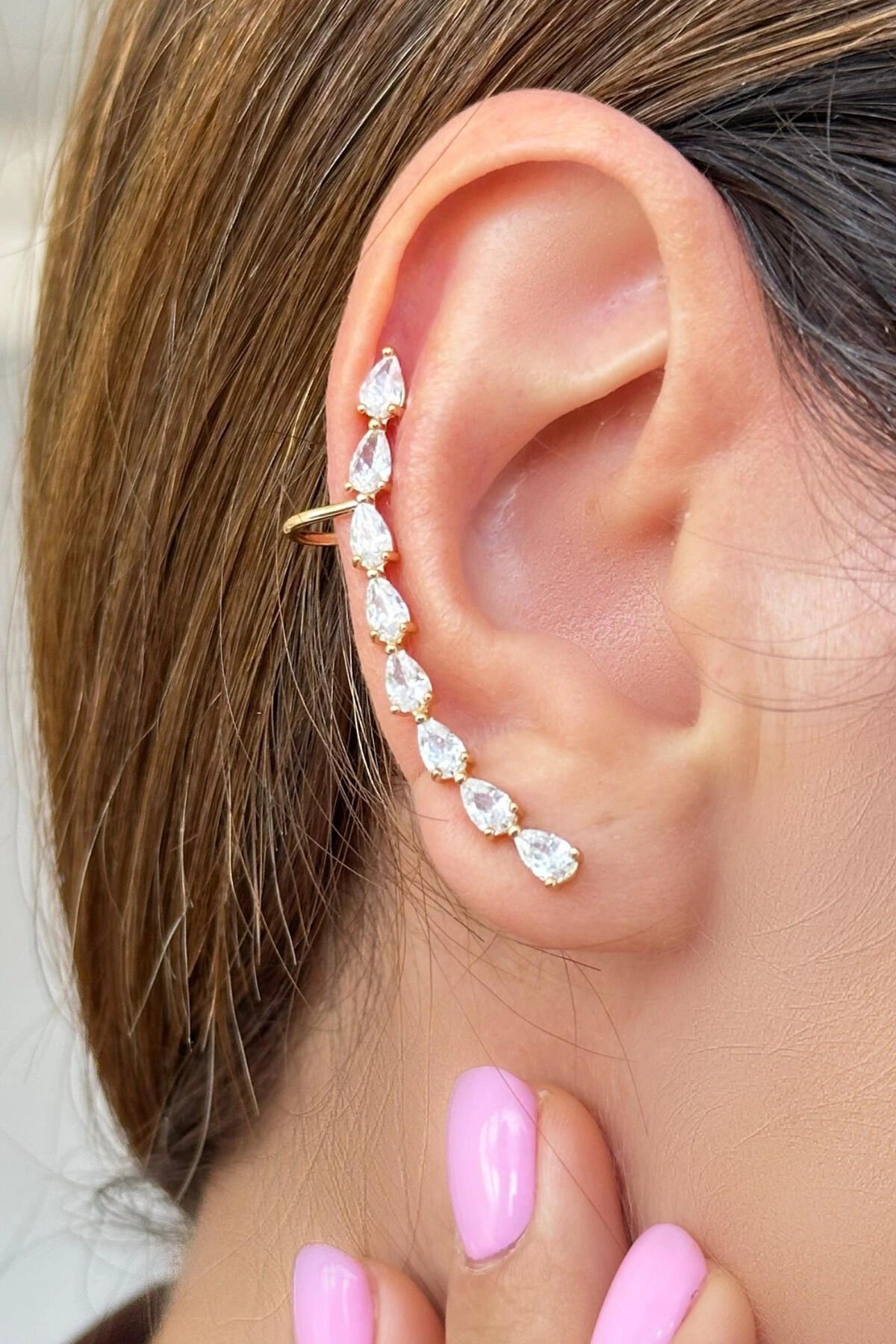 Dizi Damla Zirkon Taşlı Kıkırdaklı Earcuff Küpe Gold
