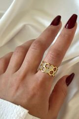 İkili Bal Peteği Tasarım Zirkon Taşlı Ayarlanabilir Kadın Yüzük