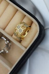 İkili Bal Peteği Tasarım Zirkon Taşlı Ayarlanabilir Kadın Yüzük