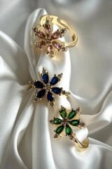 Premium İthal Seri Gold Kaplama Zirkon Taşlı Lotus Çiçeği Ayarlanabilir Tasarım Kadın Çelik Yüzük