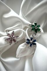 Premium İthal Seri Rodyum Kaplama Zirkon Taşlı Lotus Çiçeği Ayarlanabilir Tasarım Kadın Çelik Yüzük