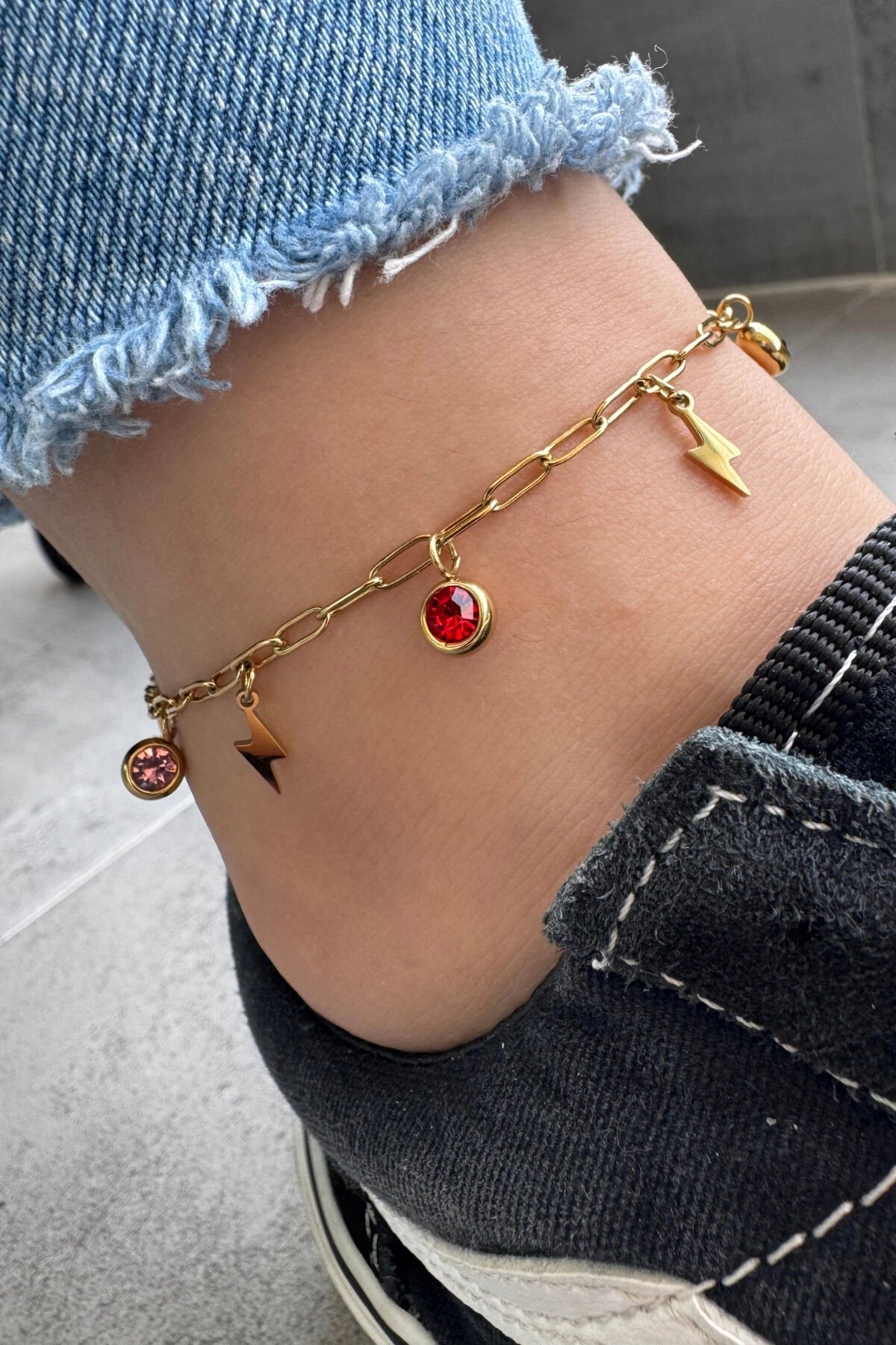 Renkli Zirkon Taşlı Şimşek Model Kadın Çelik Halhal