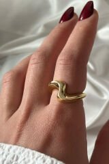 Özel Seri Cilalı Dalgalı Asimetrik  Model Bombe Tasarım Ayarlanabilir Kadın Çelik Yüzük