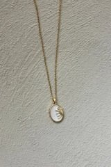 Yarım Güneş Tasarım Beyaz Mineli Plaka Model Kadın Çelik Kolye