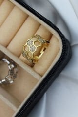 İkili Bal Peteği Tasarım Zirkon Taşlı Ayarlanabilir Kadın Yüzük