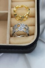 İkili Bal Peteği Tasarım Zirkon Taşlı Ayarlanabilir Kadın Yüzük