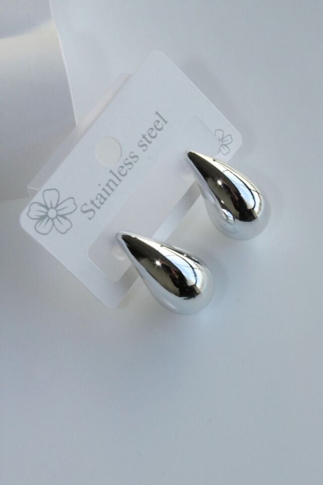 Premium Seri Cilalı Damla Model Kadın Çelik Küpe Gümüş