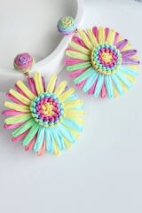 Yeni Sezon Hasır Çok Renkli Papatya Tasarım Sallantılı Yazlık Hafif Kadın Küpe