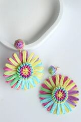 Yeni Sezon Hasır Çok Renkli Papatya Tasarım Sallantılı Yazlık Hafif Kadın Küpe