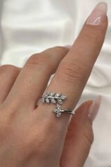 Vintage Seri Barış Sembolü Taşlı Zeytin Dalı Tasarım Model Ayarlanabilir Kadın Çelik Yüzük