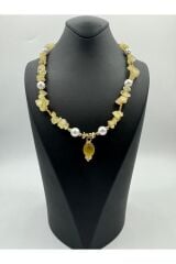 Yeni Sezon Incili Altın Renk Boncuklu 2 Cm Oval Uçlu 45 Cm Tasarım Bijuteri Doğal Taş Kolye