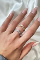 Yeni Sezon V Model Baget Zirkon Taşlı Ayarlanabilir Kadın Çelik Yüzük