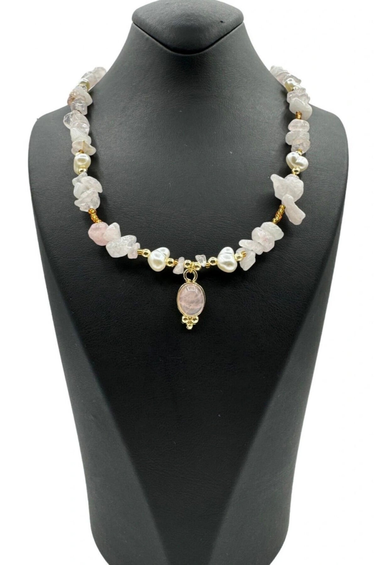 Yeni Sezon Incili Altın Renk Boncuklu 2 Cm Oval Uçlu 45 Cm Tasarım Bijuteri Doğal Taş Kolye