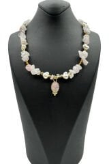 Yeni Sezon Incili Altın Renk Boncuklu 2 Cm Oval Uçlu 45 Cm Tasarım Bijuteri Doğal Taş Kolye