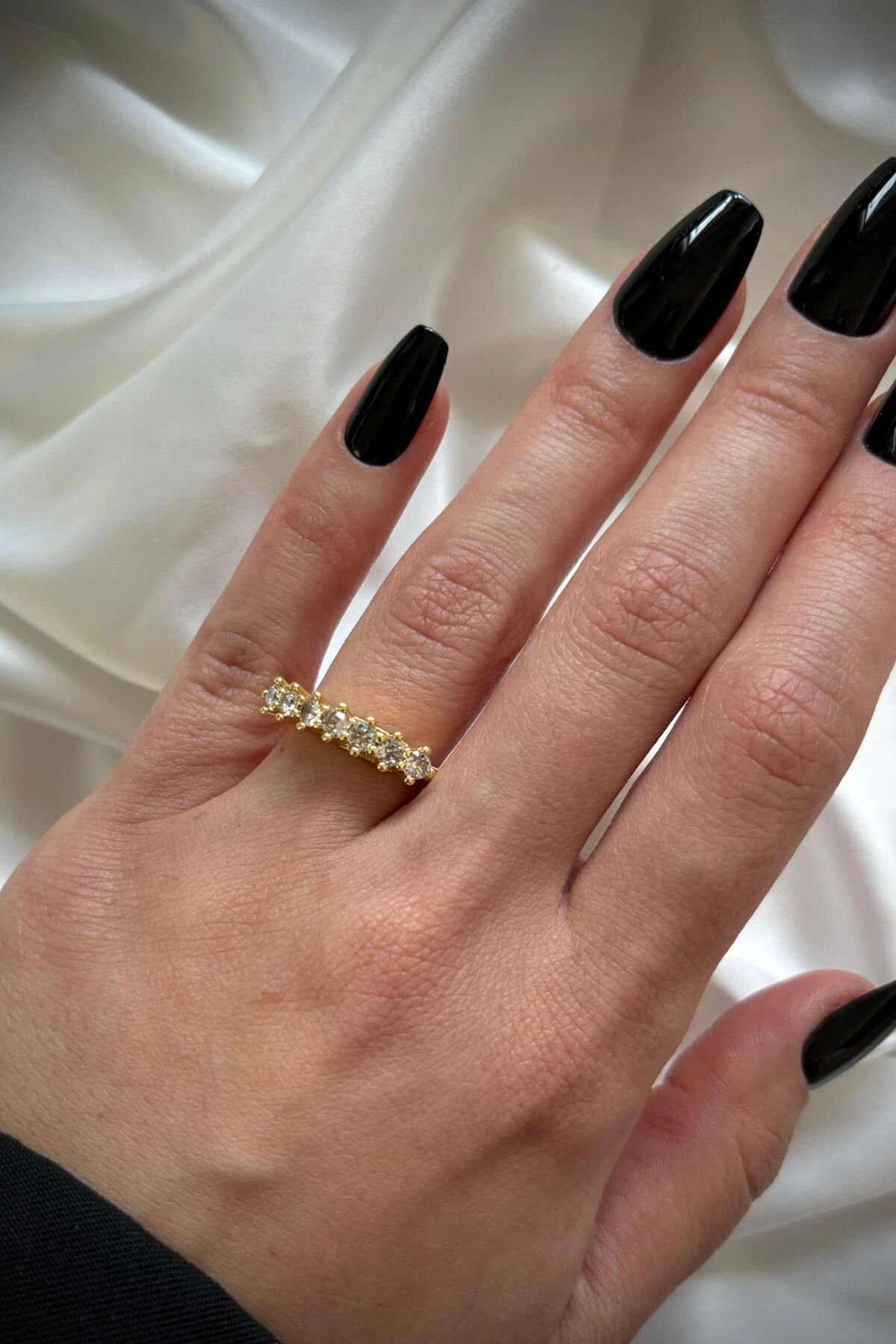 Yeni Sezon 7 Taş Sıra Zirkon Taşlı Tasarım Model Ayarlanabilir Kadın Çelik Yüzük