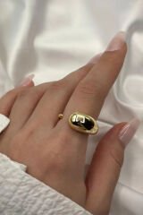 Premium Seri Cilalı Droplet Tasarım Kadın Çelik Yüzük Gold
