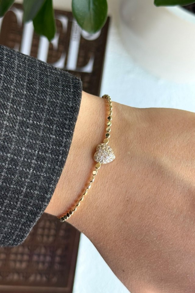 V.İ.P Seri Ezme Zincirli Full Taşlı Kalp Model Renk Atmaz Kararmaz Garantili Kadın Çelik Bileklik Gold