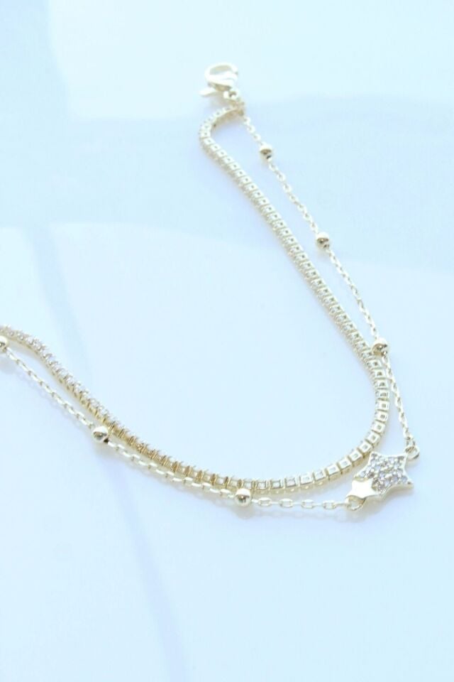 Yeni Sezon Çift Sıra Yıldız Zincirli Su Yolu Renk Atmaz Kararmaz Garantili Kadın Çelik Bileklik Gold