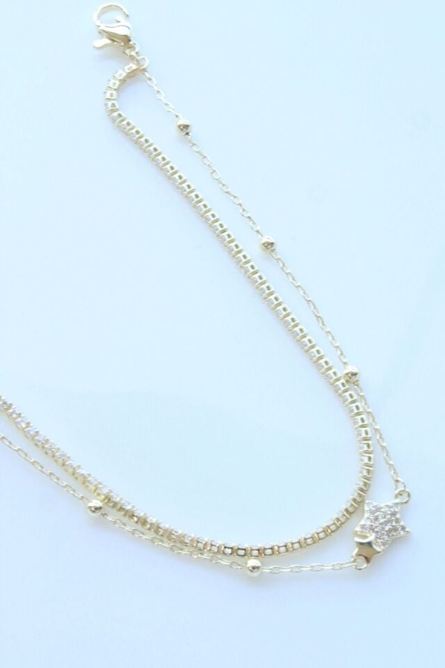 Yeni Sezon Çift Sıra Yıldız Zincirli Su Yolu Renk Atmaz Kararmaz Garantili Kadın Çelik Bileklik Gold