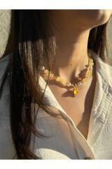 Yeni Sezon Incili Altın Renk Boncuklu 2 Cm Oval Uçlu 45 Cm Tasarım Bijuteri Doğal Taş Kolye